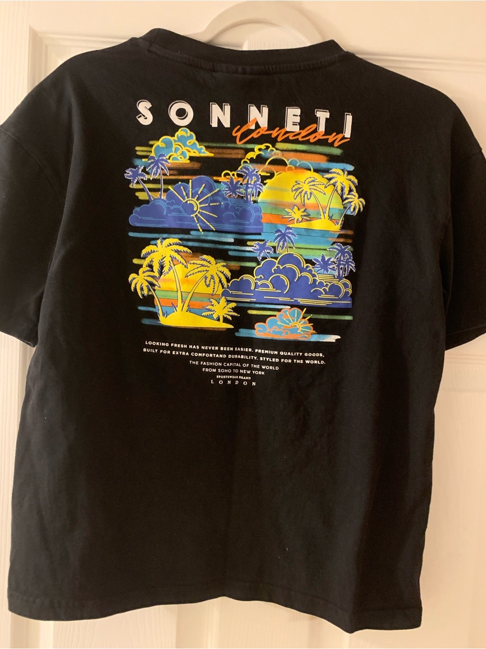 Sonneti London Black Tee with Tropical Sunset Graphic 100% cotton